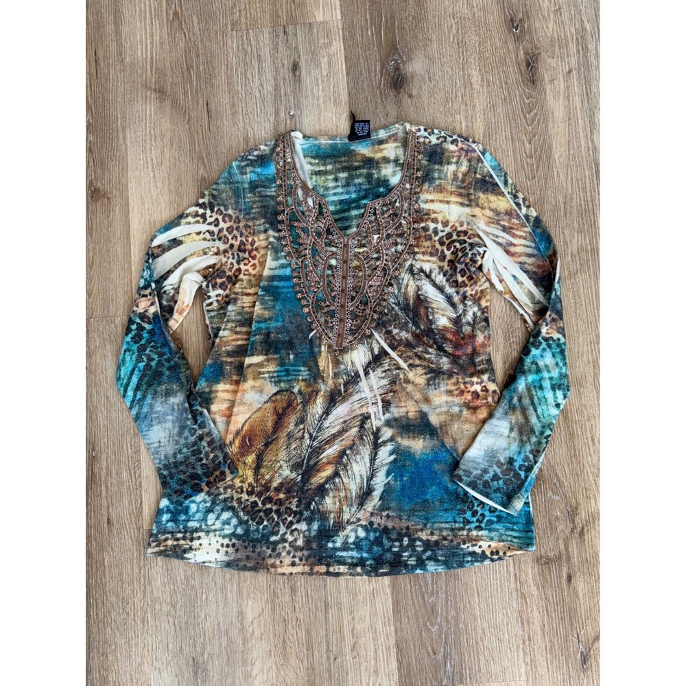 Boho Festival Whimsygoth Top Women M Blue Animal Print Beaded Neckline Artsy